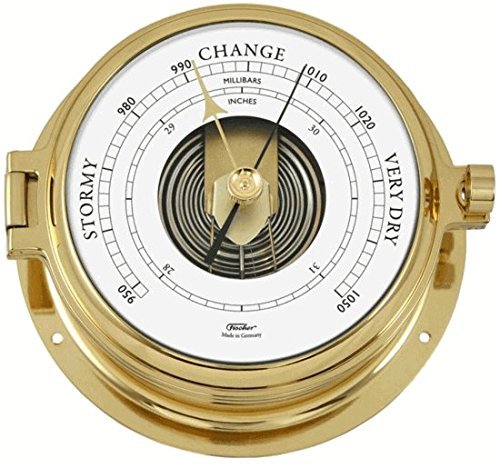 Fischer Instruments 1605B-45-1B 6-5/8" Solid Brass Nautical Open Face Barometer with Walnut Mantle Mount N2