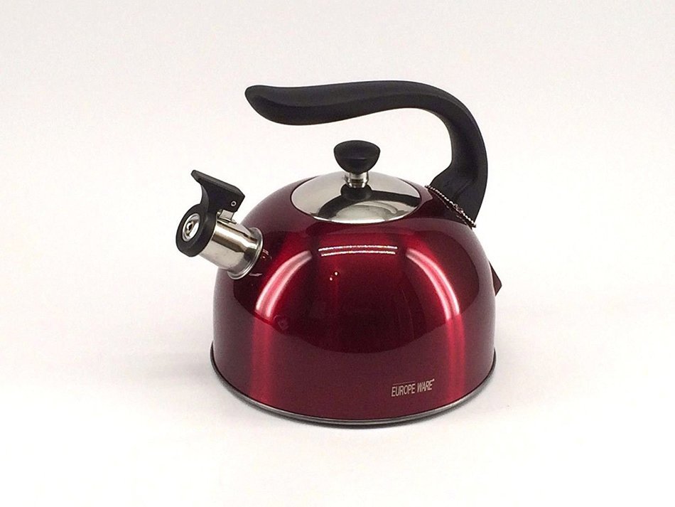 Europeware K40595RED Stainless Steel Whistling Tea Kettle, Red