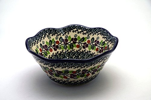 Polish Pottery Bowl - Curvy Edge - 8" - Burgundy Berry Green
