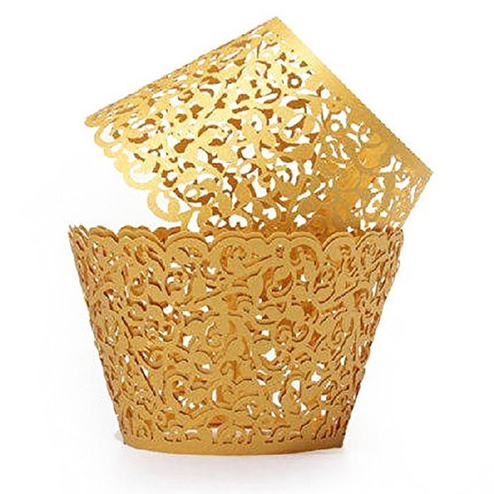 BUTEFO 50 Pcs Cupcake Holders Hollow Carving Decor Wrapper Wraps Cupcake Muffin Paper Holders (Gold) N20