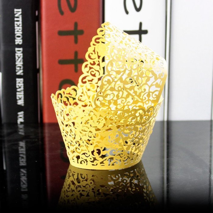 BUTEFO 50 Pcs Cupcake Holders Hollow Carving Decor Wrapper Wraps Cupcake Muffin Paper Holders (Gold) N21