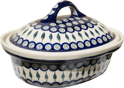Polish Pottery Oval Casserole Dish From Zaklady Ceramiczne Boleslawiec #1158-56 Peacock Classic Pattern, Height... N3