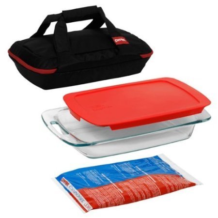 Pyrex Portable 4-Piece Set with 1-ea 3--Quart Easy Grab Oblong, Red Cover, Large Unipack, Black Carrier