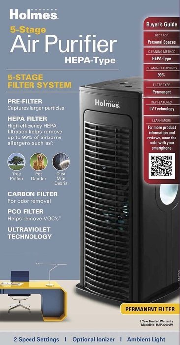 Holmes 5-Stage HEPA 2-Speed Mini Air Purifier For Personal Spaces | HAP3000UV-TU