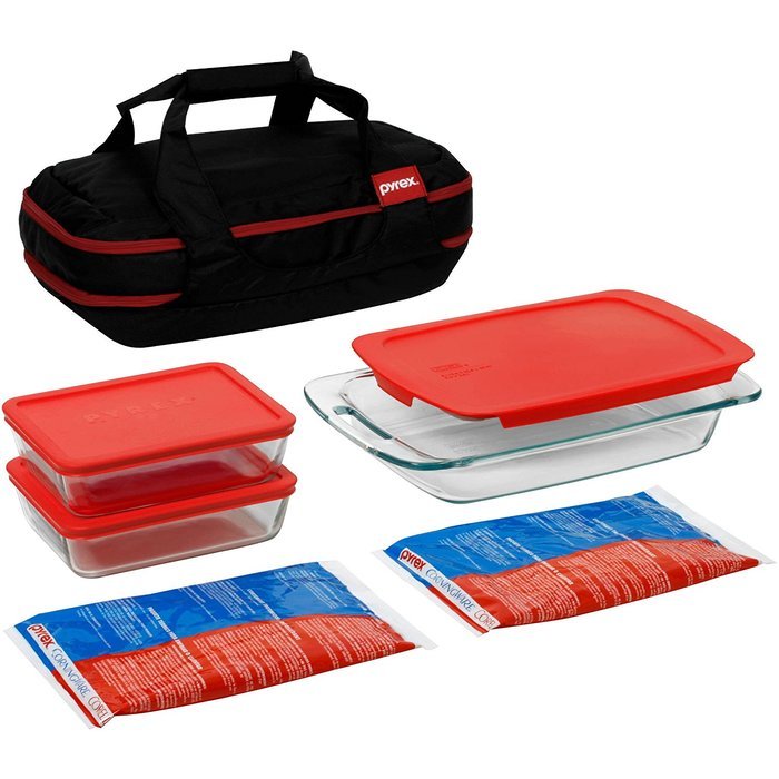 9-Piece Dishwasher-Safe Portable Double Decker Set with Carrier, Glass, Black