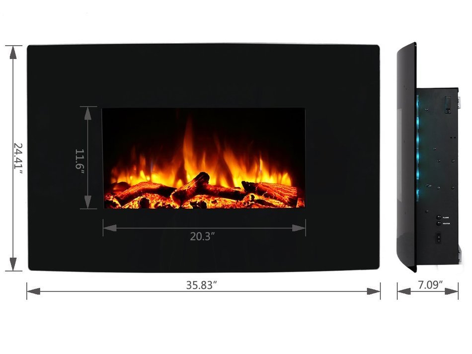 PuraFlame 36" Vivian Wall Mounted Curved Panel Electric Fireplace with Remote Control, 1500W, Black N2