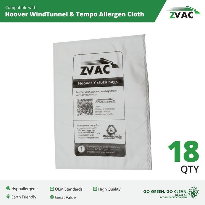 15 Hoover WindTunnel HEPA Style CLOTH Type Y Vacuum Bags - Allergen filtration with Closure - Similar To Hoover... N2