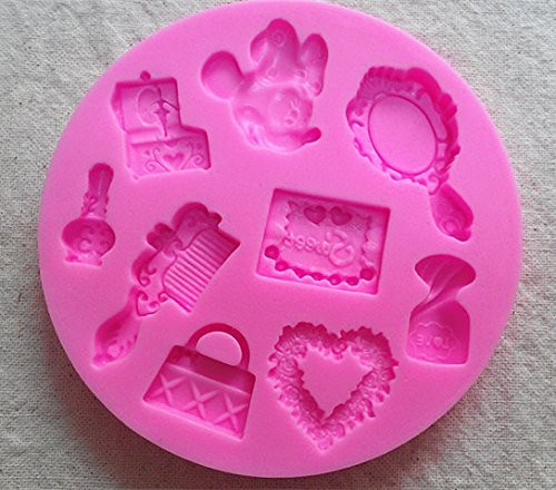 Design 156 Cosmetic Comb, Mirror,Bag 3D Silicone Fondant Mold, Cake Decoration Tool, Food Grade Material