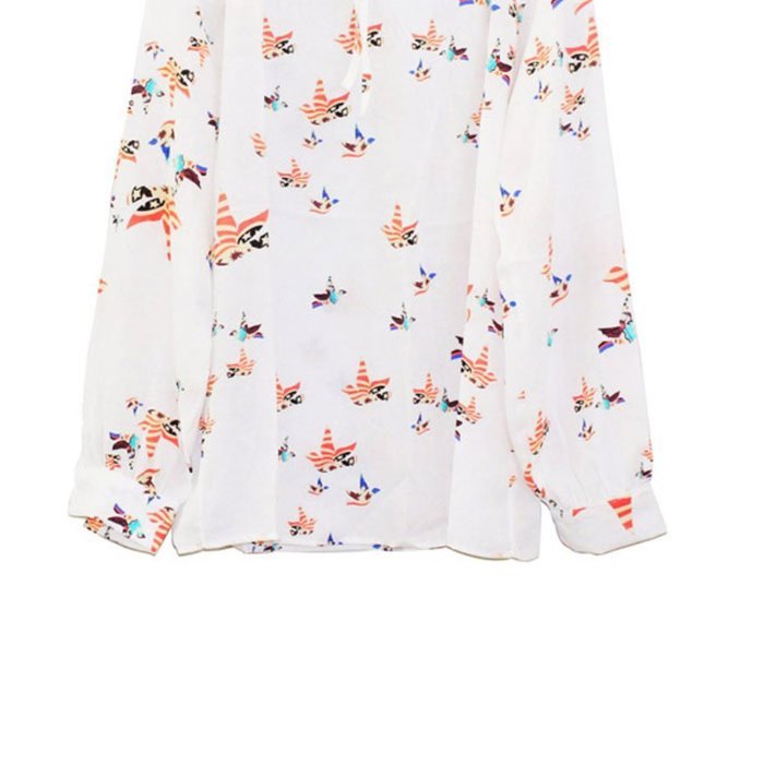 AIMTOPPY Women Summer Casual Floral Printed Long Sleeve Tether Blouse Chiffon T-Shirt (S, White)