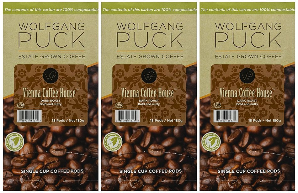 Wolfgang Puck Coffee, Vienna Coffee House Dark Roast, 9.5 Gram Pods-18-Count (Pack of 3) N2