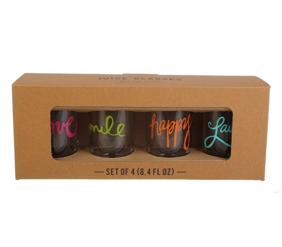 Formation Brands Juice Glass (Set of 4), Love, Laugh, Smile, Happy, 10 oz, Multicolor