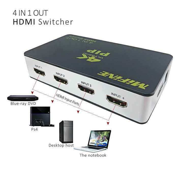 Hdmi Switch Box,Mifine 4Kx2K PIP 4 in 1 out High Speed 4 Port Switcher V1.4 with IR Wireless Remote Control,Support... N3