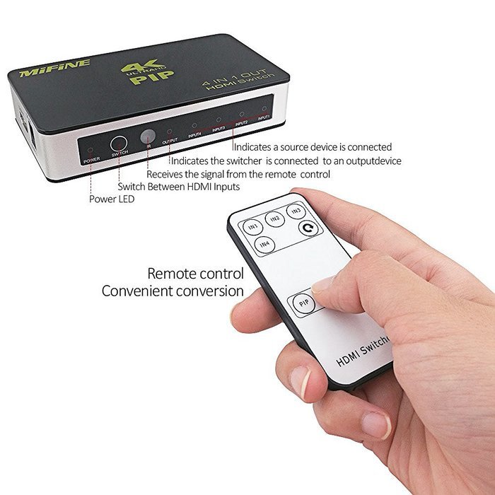 Hdmi Switch Box,Mifine 4Kx2K PIP 4 in 1 out High Speed 4 Port Switcher V1.4 with IR Wireless Remote Control,Support... N6