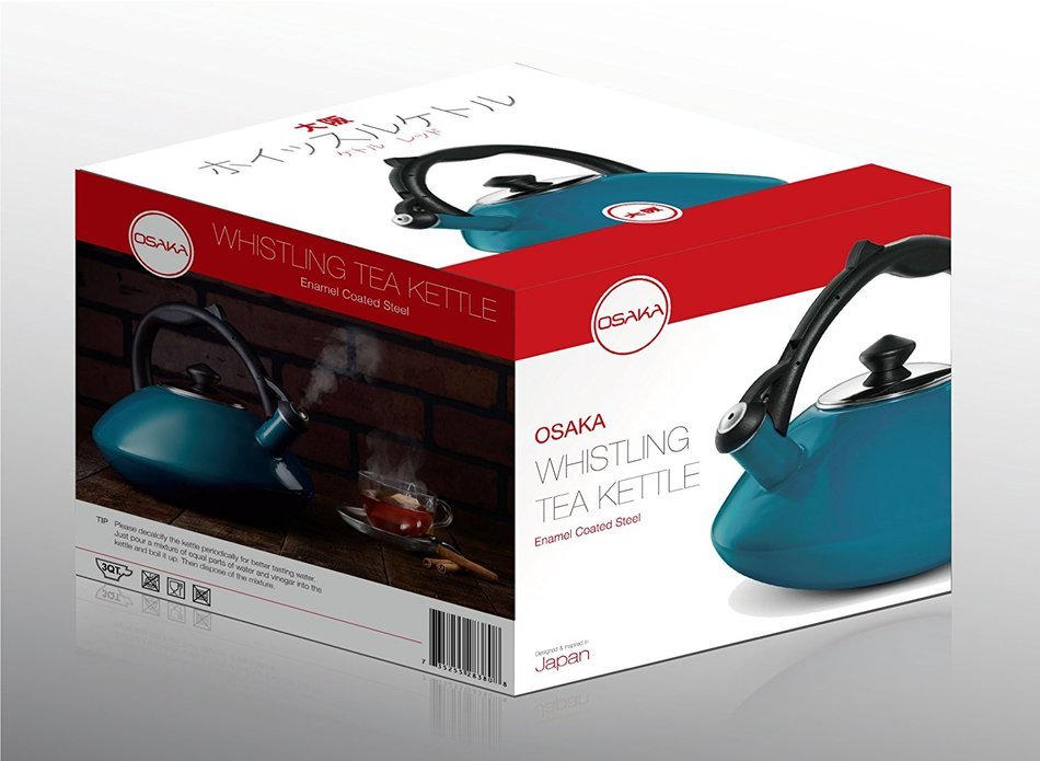 Osaka, Enamel Coated Whistling Tea Kettle - 3 Quart Capacity Teakettle "Kobe Port Tower" (Blue) N7