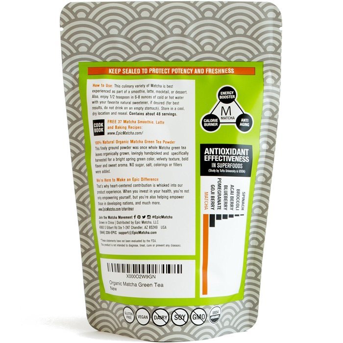 Epic Matcha Green Tea Powder - USDA Organic - Best Culinary Grade - Free 37+ Smoothie & Baking Recipes and... N15