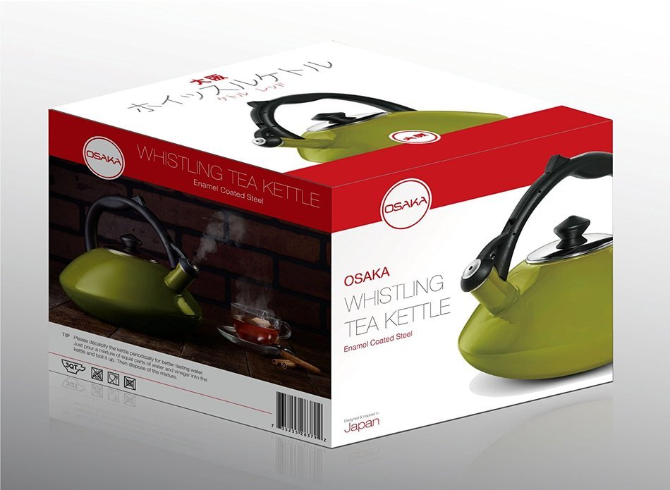 Osaka, Enamel Coated Whistling Tea Kettle - 3 Quart Capacity Teakettle "Kobe Port Tower" (Blue) N10