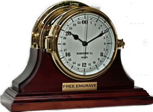 Nautical 24 Hour Brass Clock with Mahogany Stand