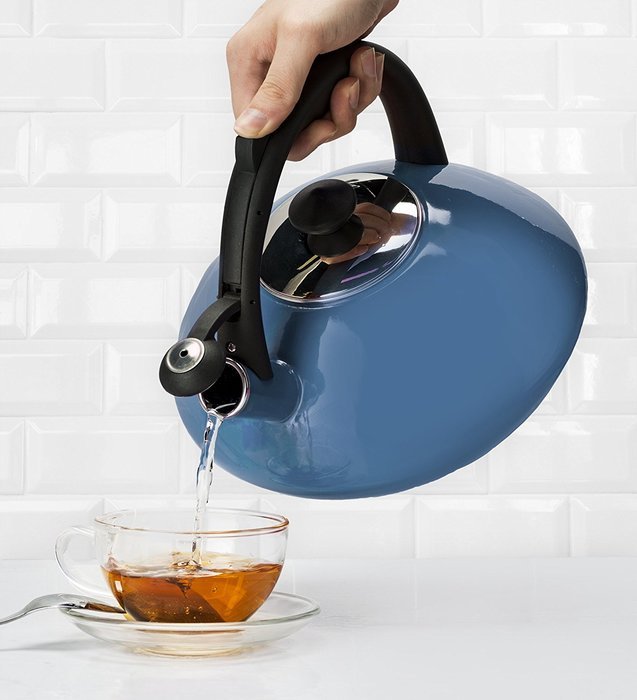 Osaka, Enamel Coated Whistling Tea Kettle - 3 Quart Capacity Teakettle "Kobe Port Tower" (Blue) N19
