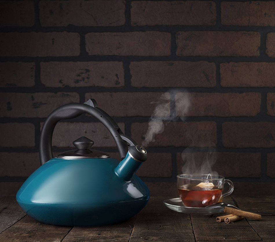 Osaka, Enamel Coated Whistling Tea Kettle - 3 Quart Capacity Teakettle "Kobe Port Tower" (Blue) N20