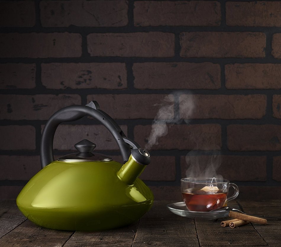 Osaka, Enamel Coated Whistling Tea Kettle - 3 Quart Capacity Teakettle "Kobe Port Tower" (Blue) N23