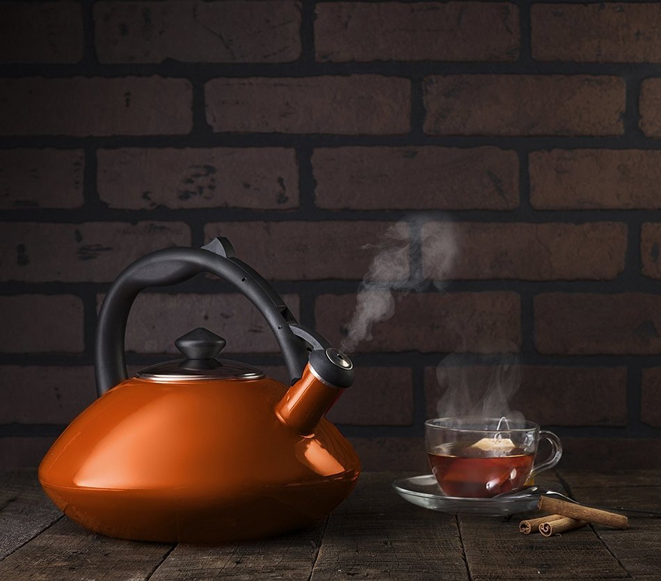 Osaka, Enamel Coated Whistling Tea Kettle - 3 Quart Capacity Teakettle "Kobe Port Tower" (Blue) N24