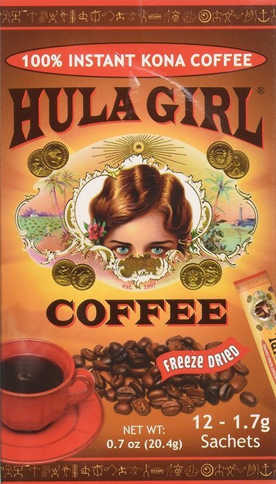 2 - Boxes of Hula Girl 12 Single Serve Sachets 100% Hawaiian Freeze Dried Instant Kona Coffee 1.7 grams each sachet N2