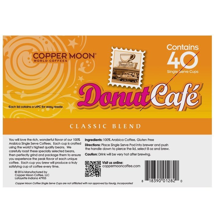 Copper Moon World Coffees, Donut Cafe' Classic Blend, Medium Roast, 40 Count For Keurig K-cup Brewers N2