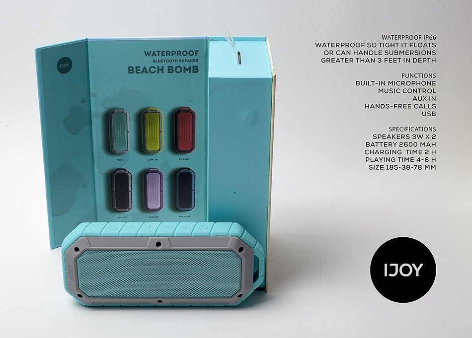 iJoy Beach Bomb IP66 Waterproof Shockproof Portable Bluetooth Speaker With built in Mic Aux-In and 2,000mAh Battery... N2