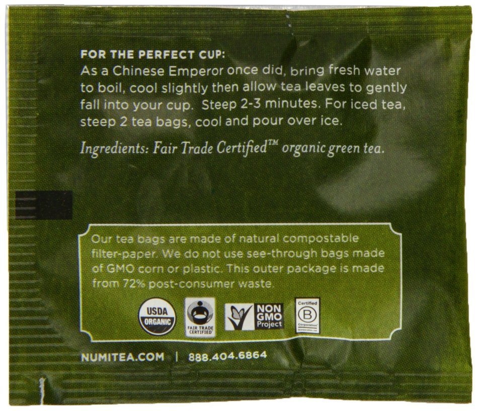 Numi Organic Tea Gunpowder Green, Full Leaf Green Tea, 100 Count non-GMO Bulk Tea Bag N13