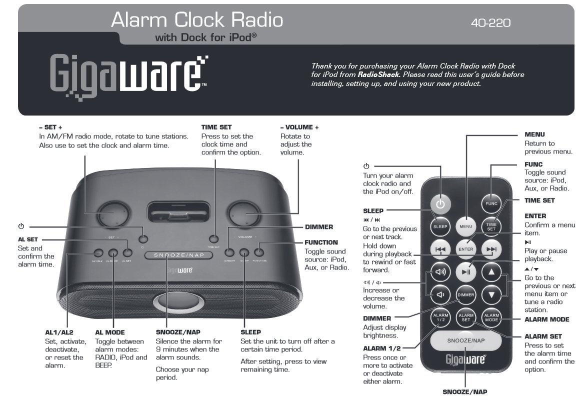 Gigaware Alarm Clock Radio with Dock for iPod with Adjustable LCD