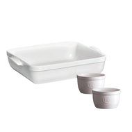 Emile Henry Lasagna/Roasting Dish 13.75" x 10" W/ 2 Bonus Ramekins, Flour White