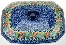 Ceramika Artystyczna Polish Hand Painted Baking Dish with Lid - 12" x 9.5" x 5" (Brown and Yellow Flowers) N3