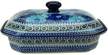 Ceramika Artystyczna Polish Hand Painted Baking Dish with Lid - 12" x 9.5" x 5" (Brown and Yellow Flowers) N4