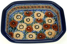 Ceramika Artystyczna Polish Hand Painted Baking Dish with Lid - 12" x 9.5" x 5" (Brown and Yellow Flowers) N5