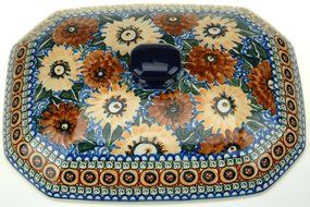 Ceramika Artystyczna Polish Hand Painted Baking Dish with Lid - 12" x 9.5" x 5" (Brown and Yellow Flowers) N8