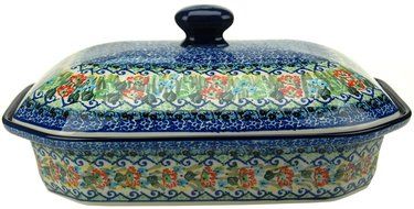 Ceramika Artystyczna Polish Hand Painted Baking Dish with Lid - 12" x 9.5" x 5" (Brown and Yellow Flowers) N9