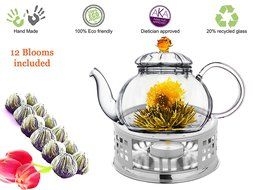 Teapot Set Flowering Tea Glass Teapot Gift Set Harmony 42 Oz / 1242 Ml with Stainless Steel Tea Warmer Alex Tea... N62