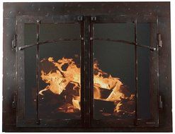 Ironhaus Iron Fireplace Glass Door with Gate Mesh with 4" Frame In Hammered Black Copper Finish, Craftsman Design...