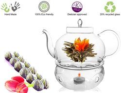 Teapot Set Flowering Tea Glass Teapot Gift Set Harmony 42 Oz / 1242 Ml with Stainless Steel Tea Warmer Alex Tea... N65