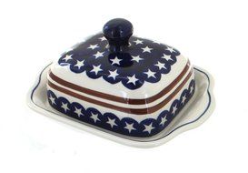 Polish Pottery Stars &amp; Stripes Square Butter Dish
