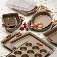 Rachael Ray 10-Piece Cucina Nonstick Bakeware Set, Latte Brown with Cranberry Red Handle N2