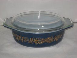 Vintage Pyrex Blue &amp; Gold Golden Bouquet Promotional 1 1/2 Quart Baking Dish Casserole w/ Lid USA