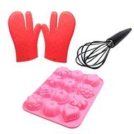 Silicone Bakeware Set - Brownie Mold Silicone, Silicone Gloves For Grill &amp; Silicone Coated Whisk - 12 Cavity Bakeware...