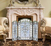 Makenier Vintage Tiffany Style Stained Art Glass Decorative 3-panel Fireplace Folding Screen Firewall