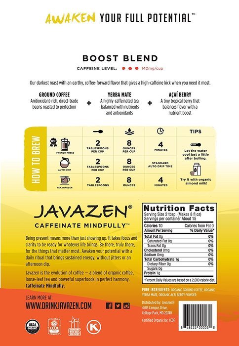 Javazen Hi-Caf Boost | Organic, Dark Roast, Ground Coffee with Yerba Mate and Acai | USDA Certified Organic, Non-GMO... N2