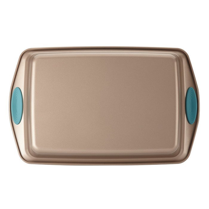 Cucina Nonstick Bakeware 9" x 13" Rectangle Cake Pan, Latte Brown with Agave Blue Handles N3