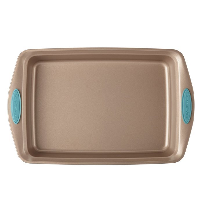 Cucina Nonstick Bakeware 9" x 13" Rectangle Cake Pan, Latte Brown with Agave Blue Handles N4