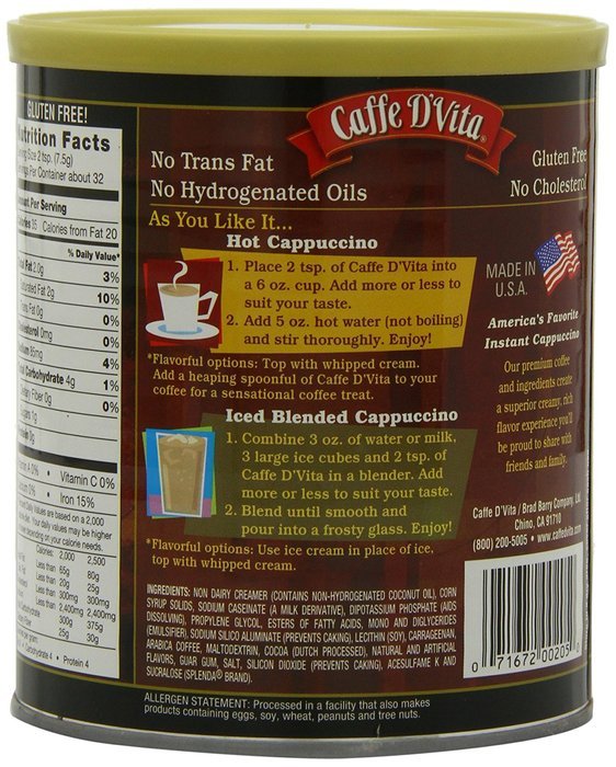 Caffe D'Vita Sugar Free Mocha Instant Cappuccino, 8.5-Ounce Canisters (Pack of 6) N5