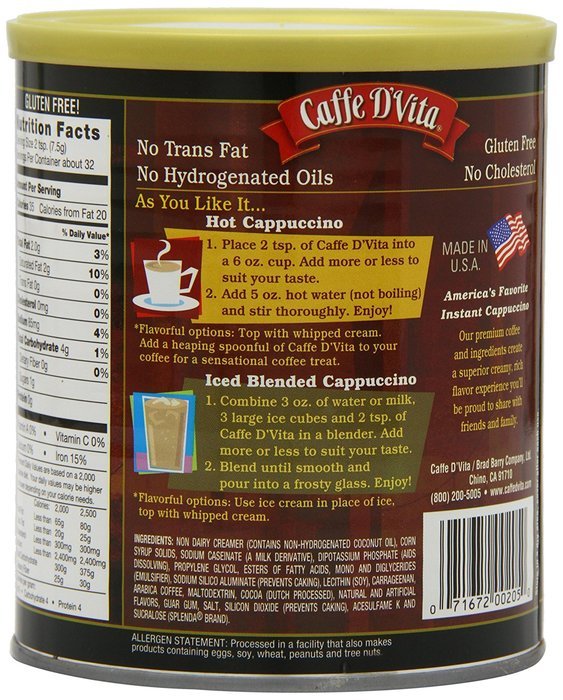 Caffe D'Vita Sugar Free Mocha Instant Cappuccino, 8.5-Ounce Canisters (Pack of 6) N8