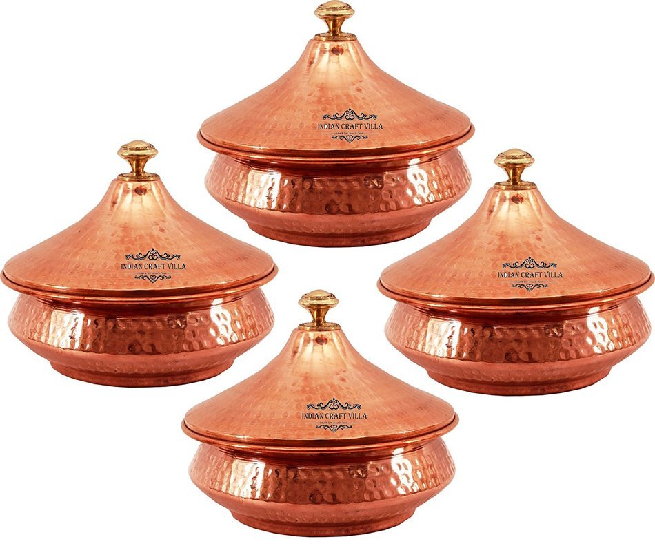 IndianCraftVilla 5.5" X 6.5" X 2.5" Handmade Steel Copper Set Of 4 Mughlai handi Volume 650 ML With Lid serving... N2